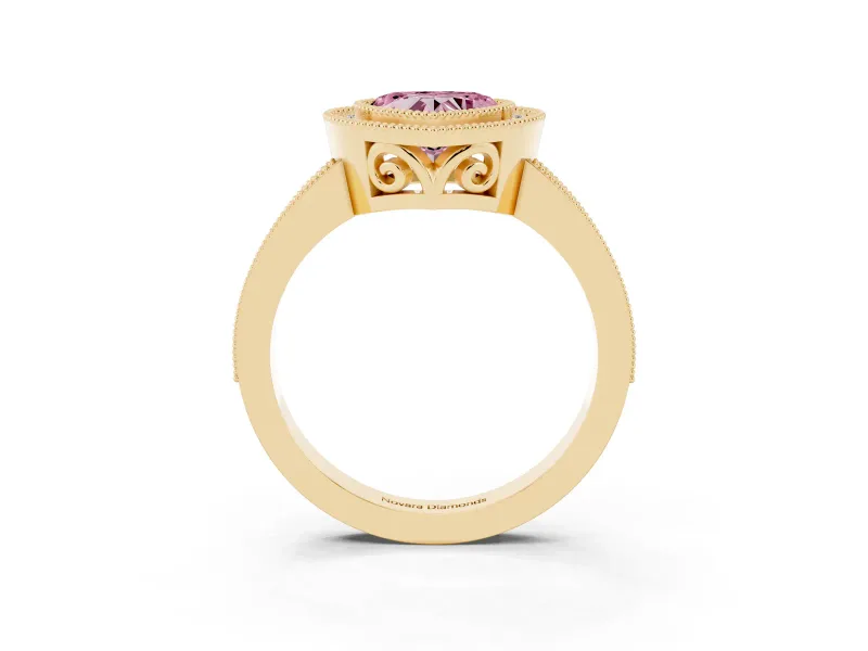 Fancy Pink Heart Cut Diamond Halo Ring Set in Yellow gold with Pavé Band and Milgrain-Edged Prongs