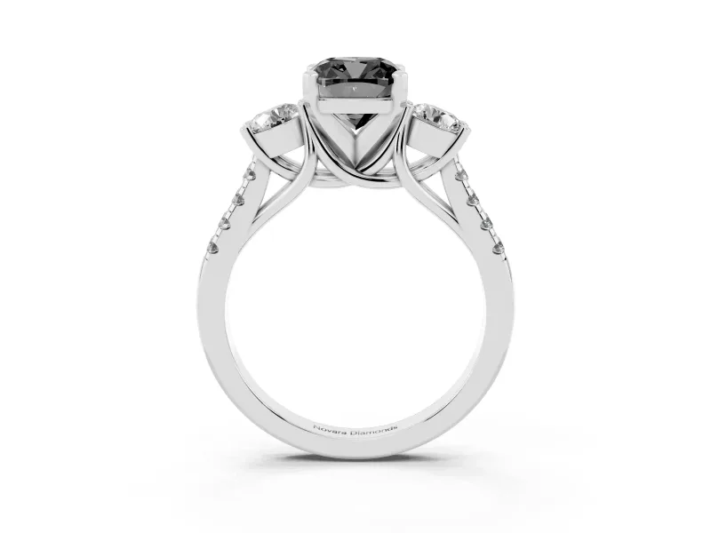 Fancy Black Three-Stone Cushion Cut Diamond Pavé Band Ring Set in Silver with Prong-Set Trio