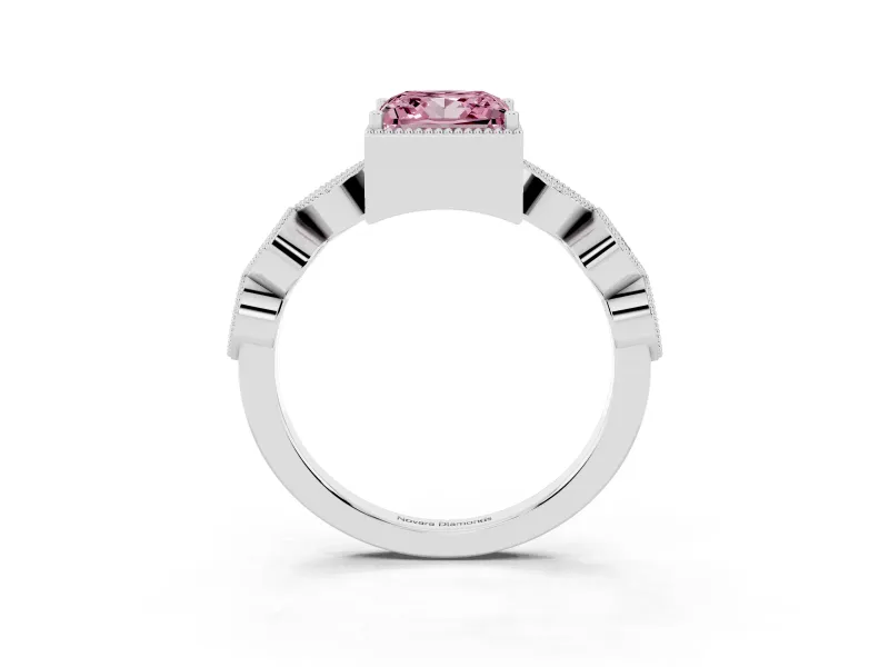 Fancy Pink Princess Cut Diamond Vintage-Inspired Milgrain Ring Set in White gold with Marquise Stations of Round Accents
