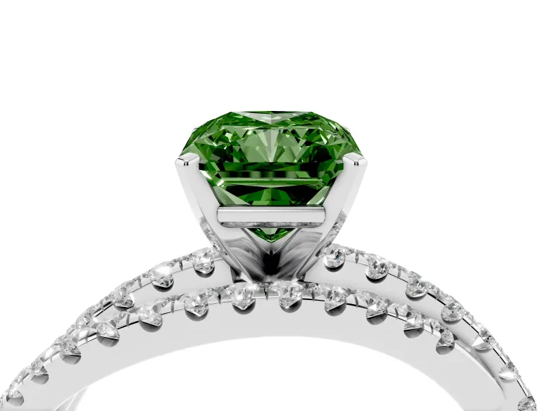 Fancy Green Radiant Cut Diamond Solitaire Twist Band Ring Set in Platinum with Pavé Setting and Prong Head
