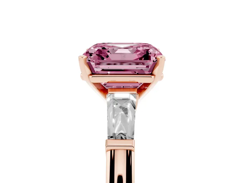 Fancy Pink Asscher Cut Diamond Solitaire Ring Set in Rose gold with Tapered Baguette Side Stones and Prong Setting