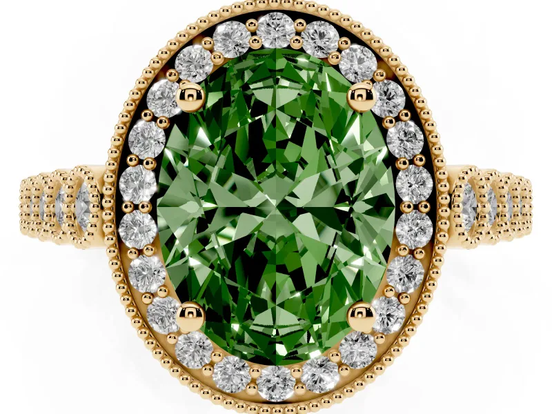 Fancy Green Oval Cut Diamond Milgrain Halo Solitaire Ring Set in Yellow gold with Bezel Set Side Stones and Pavé Band