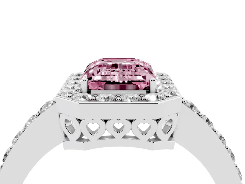 Fancy Pink Emerald Cut Diamond Halo Ring Set in Platinum with Pavé-Setting Band and Open Prong Center