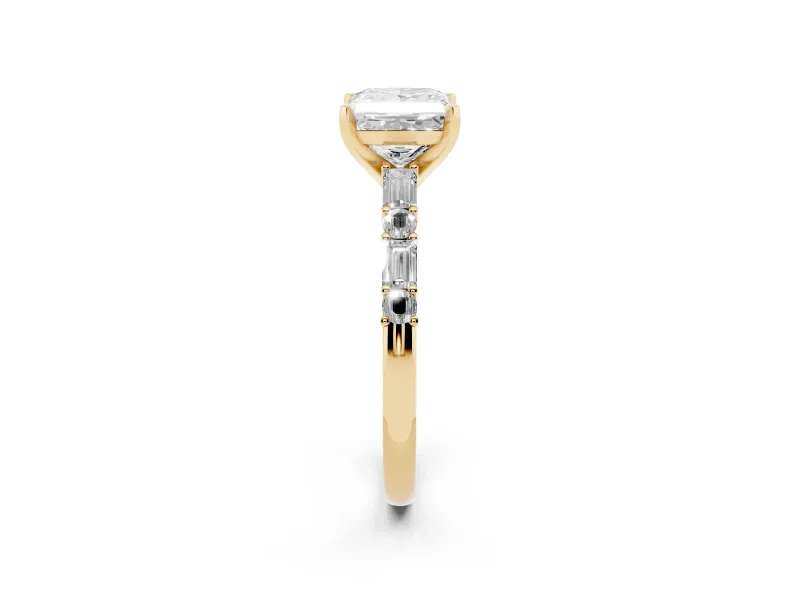 Princess Cut Baguette Side Stone Engagement Ring Setting | Alternating Accents | Yellow Gold