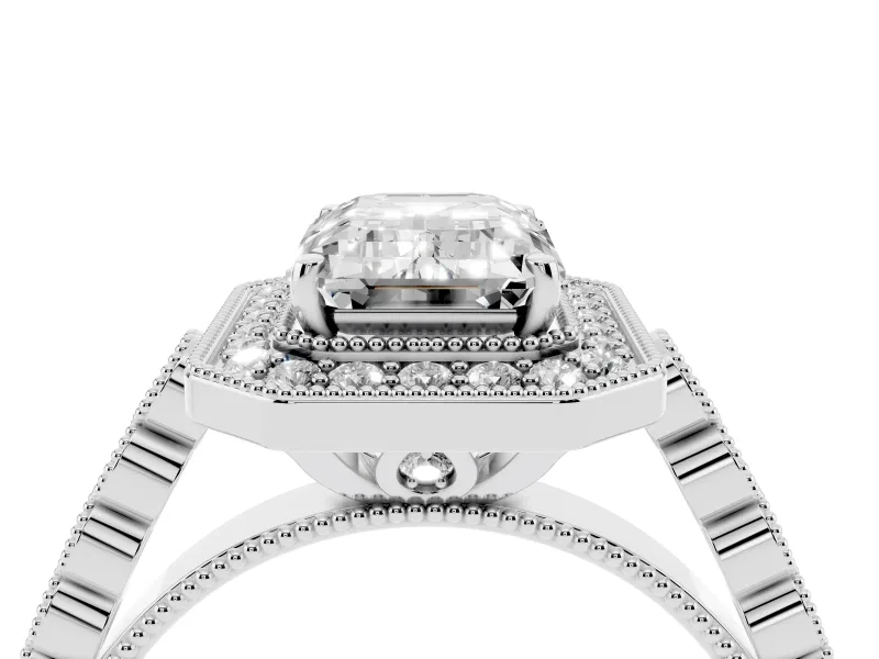 Emerald Cut Milgrain Halo Engagement Ring Setting | Graduated Bezel Accents | Platinum