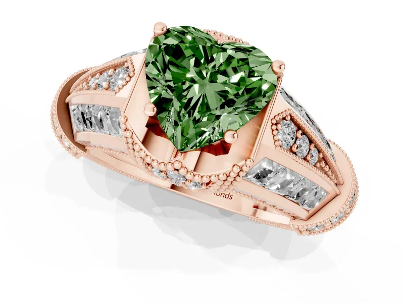 Heart-Shaped Vintage Milgrain Engagement Ring Setting for a Fancy Green Lab-Grown Diamond | Hidden Halo | Rose Gold