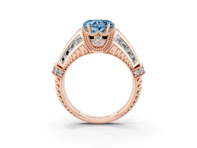 Fancy Blue Heart Cut Diamond Vintage-Inspired Milgrain Ring Set in Rose gold with Accent Split Shank