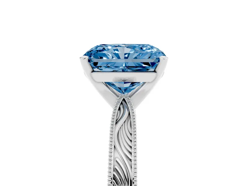 Fancy Blue Radiant Cut Diamond Solitaire Milgrain Engraved Band Set in Silver with Prong Setting