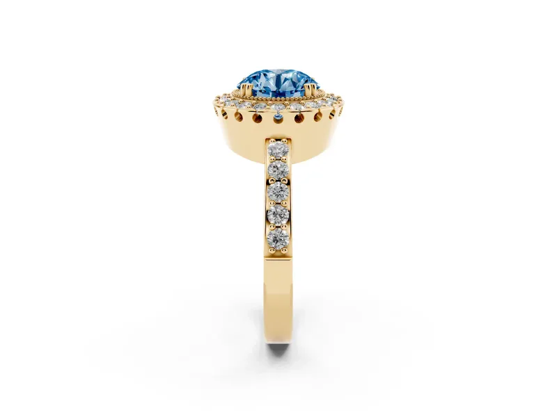 Round Vintage Milgrain Halo Engagement Ring Setting for a Fancy Blue Lab-Grown Diamond | Pierced Gallery | Yellow Gold