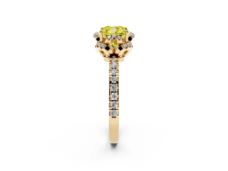 Cushion Cut Floral Petal Halo Engagement Ring Setting for a Fancy Yellow Lab-Grown Diamond | Pavé Band | Yellow Gold