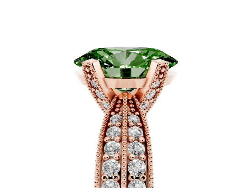 Fancy Green Oval Cut Diamond Solitaire Ring Set in Rose gold with Milgrain Double Row Round Pavé Band