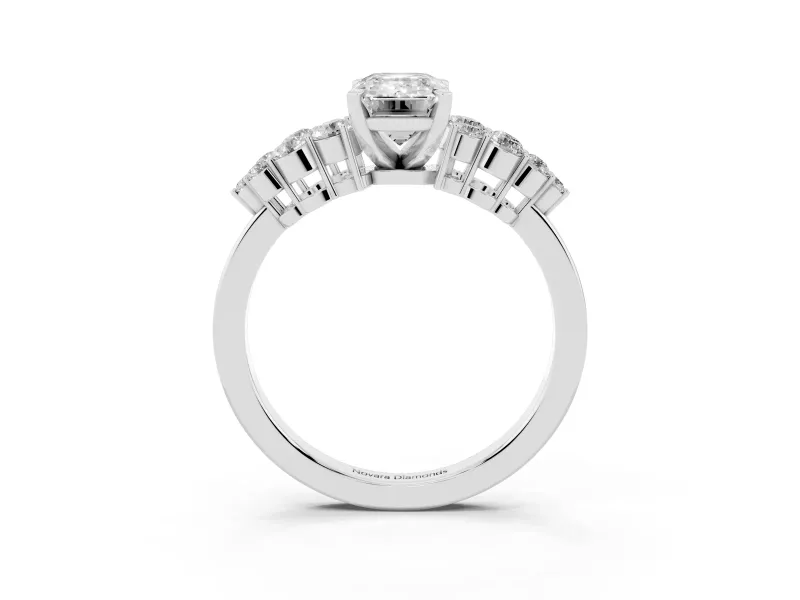 Emerald Cut Side Stone Engagement Ring Setting | Two-Row Shoulder Clusters | Sterling Silver