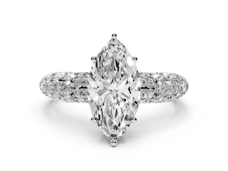 Marquise Cut Diamond Pavé Band Solitaire Ring Set in Platinum with Close-Set Accent Stones and Prong Setting