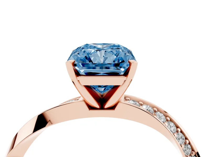 Fancy Blue Radiant Cut Diamond Engagement Ring Set in Rose gold with Side Stone Accents and Prong Setting