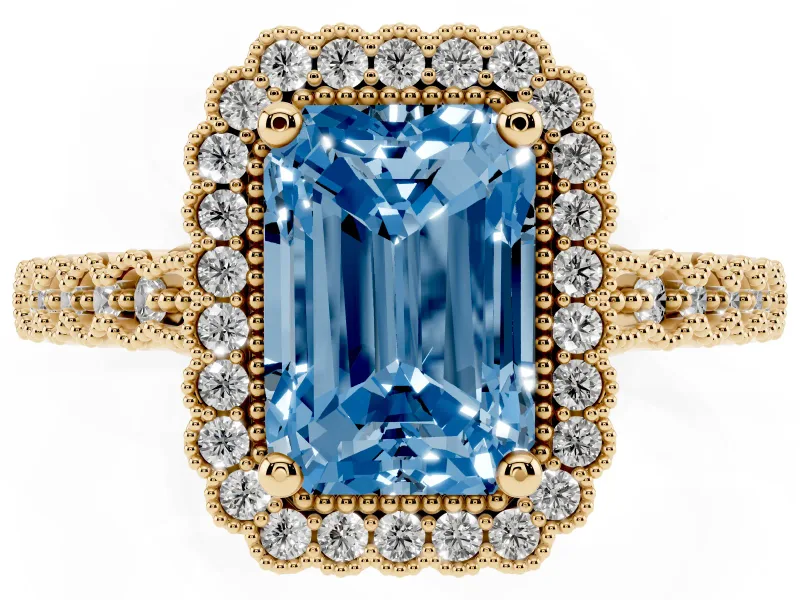 Radiant Cut Milgrain Halo Engagement Ring Setting for a Fancy Blue Lab-Grown Diamond | Beaded Shoulders | Yellow Gold