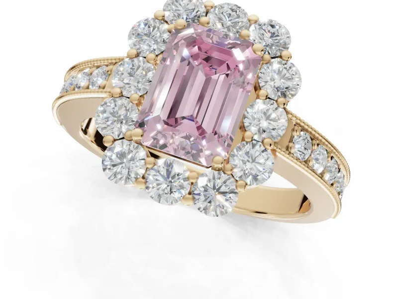 Emerald Cut Vintage Halo Engagement Ring Setting for a Fancy Pink Lab-Grown Diamond | Yellow Gold