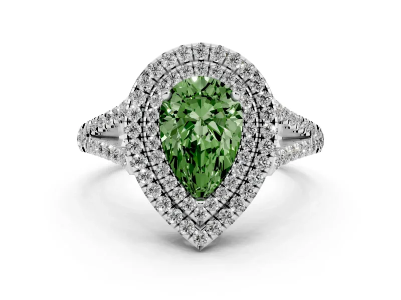 Fancy Green Pear Cut Diamond Double Halo Ring Set in Silver with Pavé Band