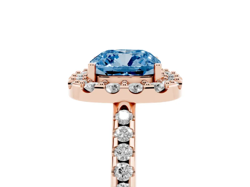 Cushion Cut Pave Halo Engagement Ring Setting for a Fancy Blue Lab-Grown Diamond | Pave Band | Rose Gold