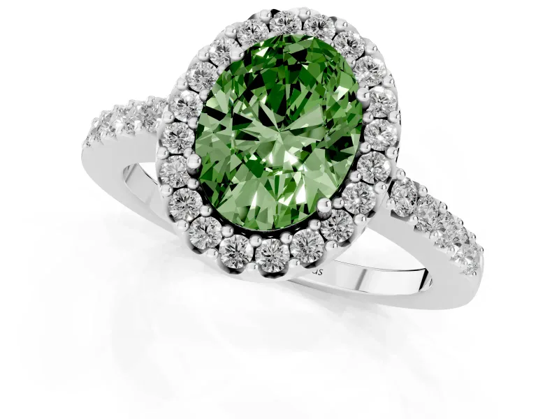 Fancy Green Oval Cut Diamond Halo Pavé Solitaire Ring Set in Platinum with Prong-Set Center Stone