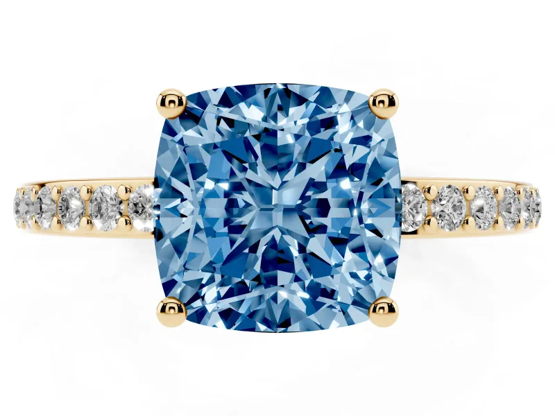 Fancy Blue Cushion Cut Diamond Pavé Band Ring Set in Yellow gold with Prong-Set Center Stone