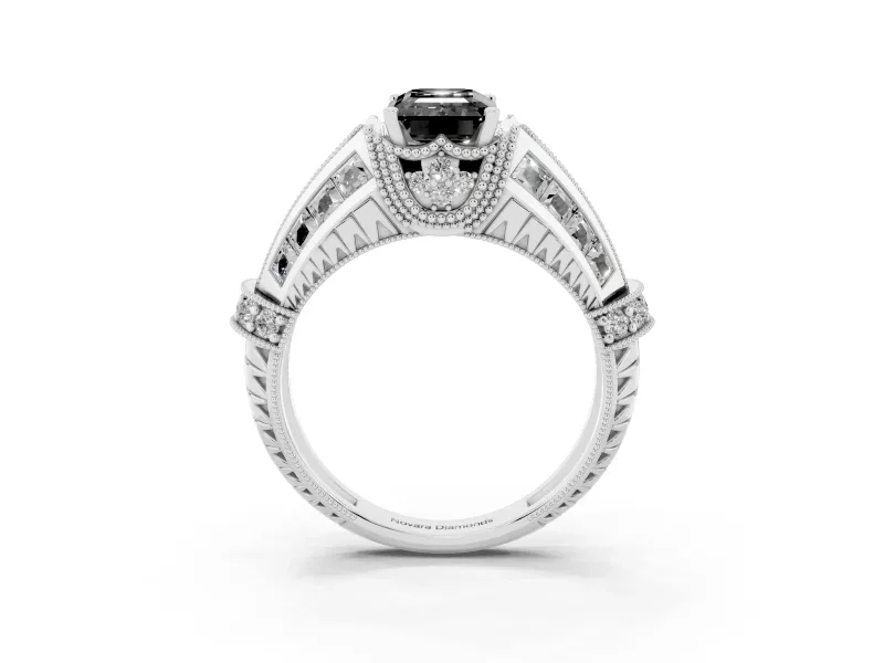 Fancy Black Emerald Cut Diamond Vintage-Inspired Milgrain Ring Set in White gold with Accent Split Shank