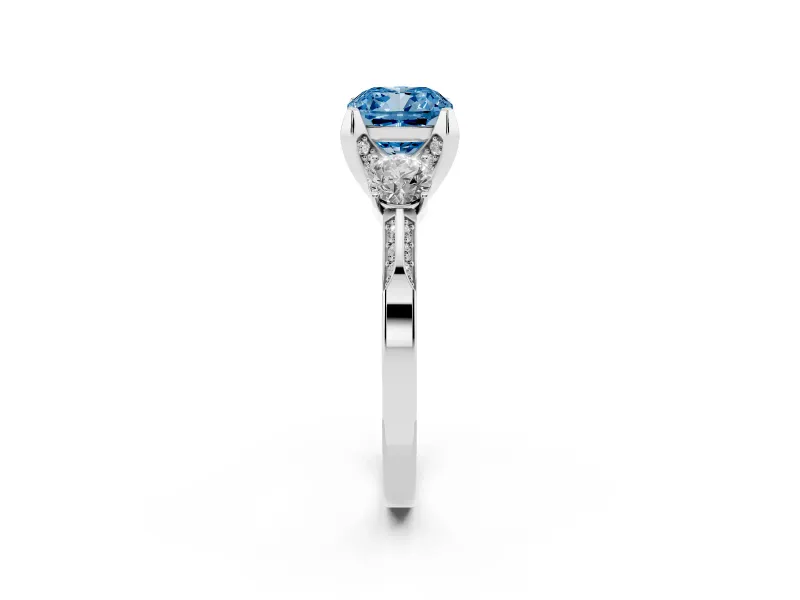 Cushion Cut Hidden Halo Three Stone Engagement Ring Setting for a Fancy Blue Lab-Grown Diamond | Sterling Silver