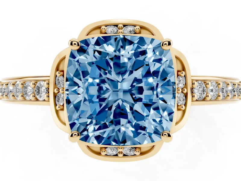Cushion Cut Floral Pavé Engagement Ring Setting for a Fancy Blue Lab-Grown Diamond | Yellow Gold