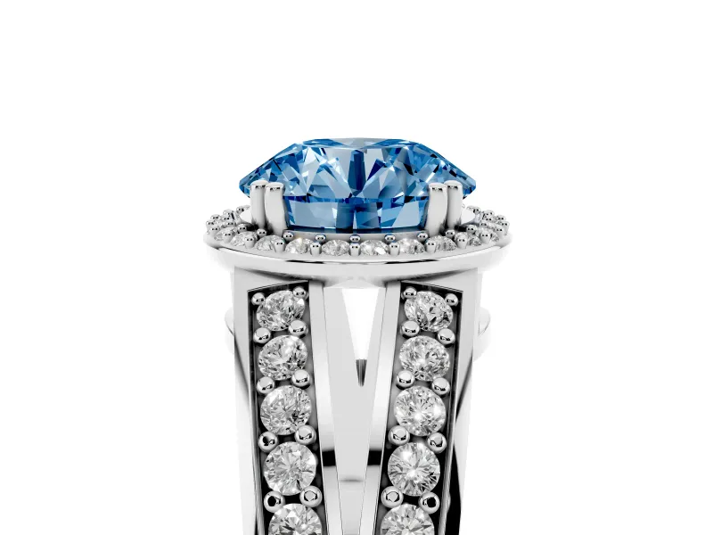Round Halo Engagement Ring Setting for a Fancy Blue Lab-Grown Diamond | Split Shank | Platinum