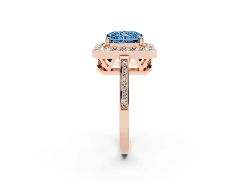 Radiant Cut Halo Engagement Ring Setting for a Fancy Blue Lab-Grown Diamond | Polished Halo Rim | Rose Gold