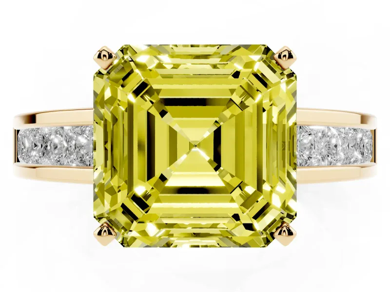 Fancy Yellow Asscher Cut Diamond Solitaire Ring Set in Yellow gold with Channel-Set Band and Prong Setting