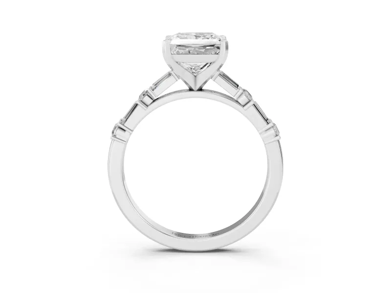 Princess Cut Baguette Side Stone Engagement Ring Setting | Alternating Accents | White Gold