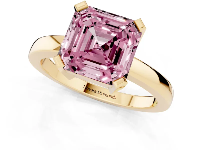 Fancy Pink Asscher Cut Diamond Solitaire Ring Set in Yellow gold with Prong Head and Smooth Polished Band