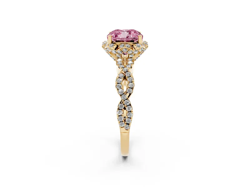 Fancy Pink Cushion Cut Diamond Halo Twist Band Solitaire Ring Set in Yellow gold with Prong-Set Center Stone