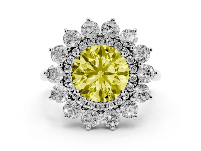 Fancy Yellow Round Cut Diamond Floral Double Halo Ring Set in Platinum with Round Petals