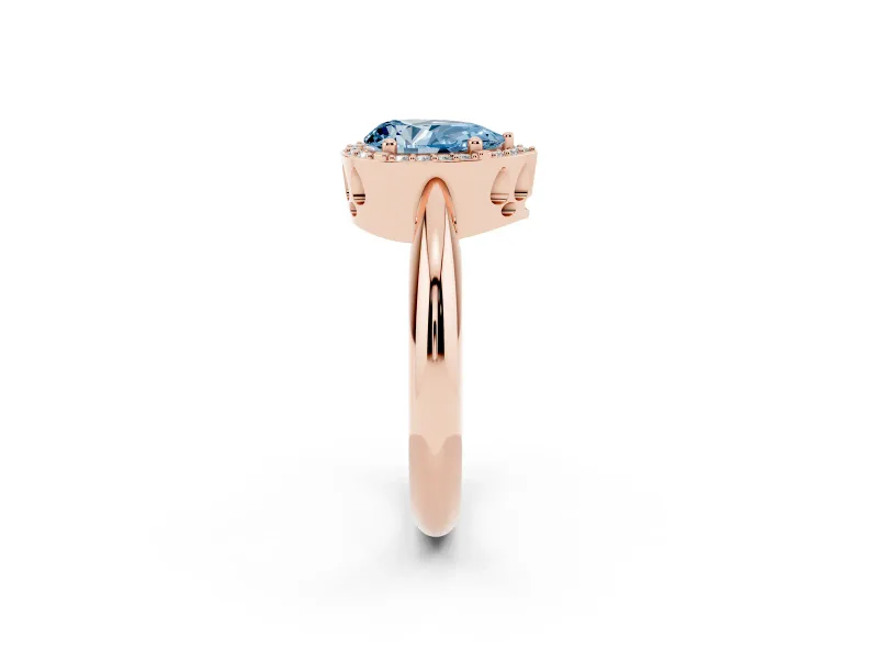 Fancy Blue Pear Cut Diamond Halo Engagement Ring Set in Rose gold with Plain Split Shank and Prong Setting