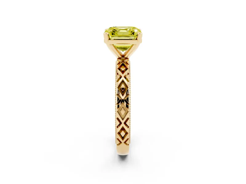Asscher Cut Vintage Milgrain Engagement Ring Setting for a Fancy Yellow Lab-Grown Diamond | X Pattern Band | Yellow Gold
