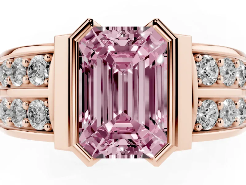 Emerald Cut Half Bezel Engagement Ring Setting for a Fancy Pink Lab-Grown Diamond | Double Row Channel Band | Rose Gold