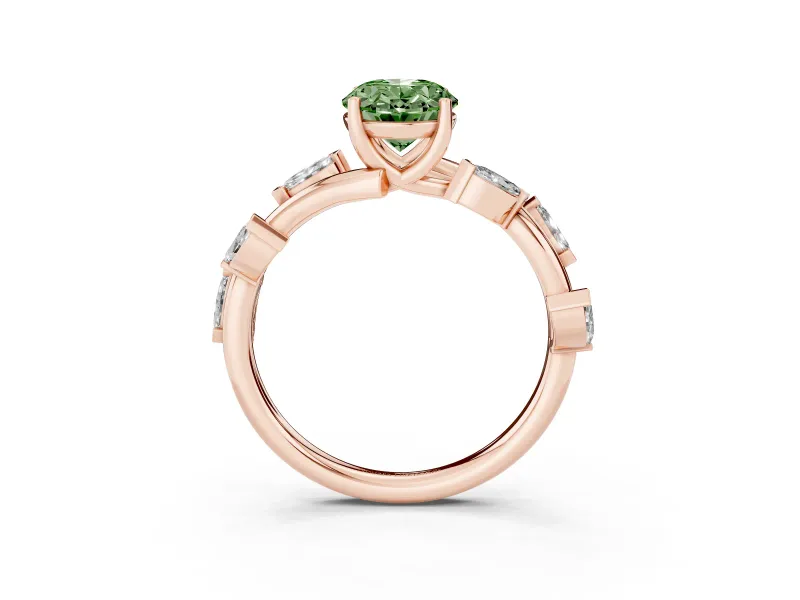 Fancy Green Oval Cut Diamond Solitaire Ring Set in Rose gold with Twisted Marquise Accent Band