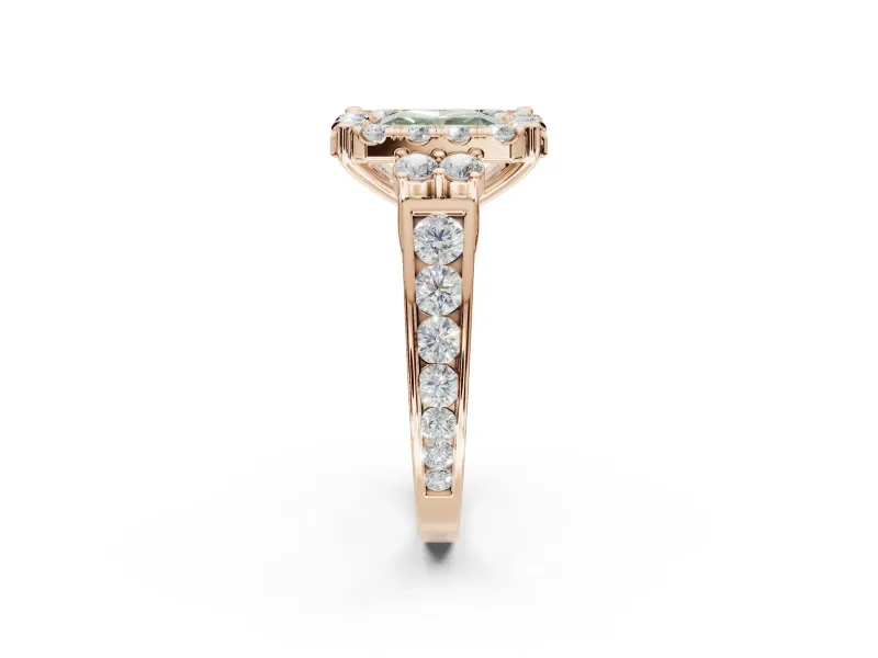 Radiant Cut Halo Engagement Ring Setting for a Fancy Green Lab-Grown Diamond | Graduated Channel Band | Rose Gold