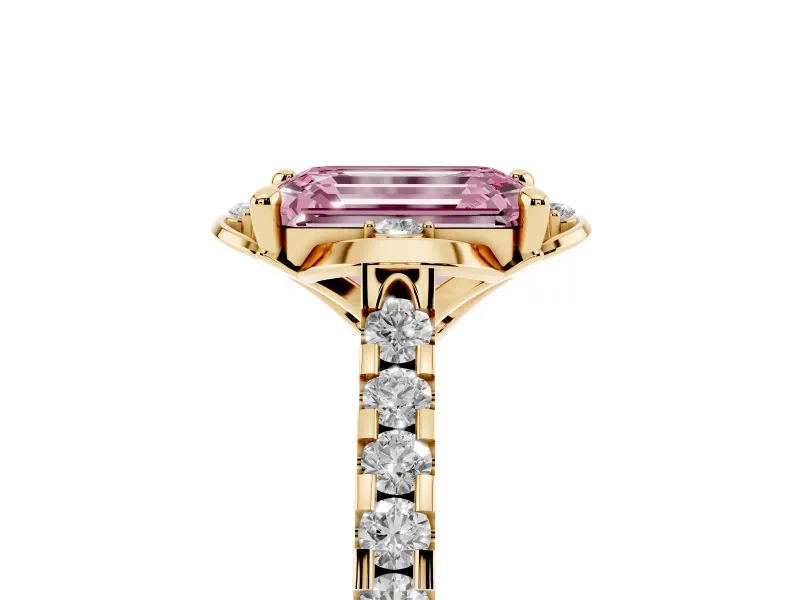 Emerald Cut Floral Petal Engagement Ring Setting for a Fancy Pink Lab-Grown Diamond | Petal Accents | Yellow Gold