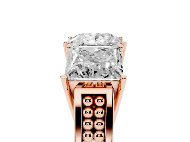 Princess Cut Three Stone Engagement Ring Setting | Beaded Shoulders | Rose Gold