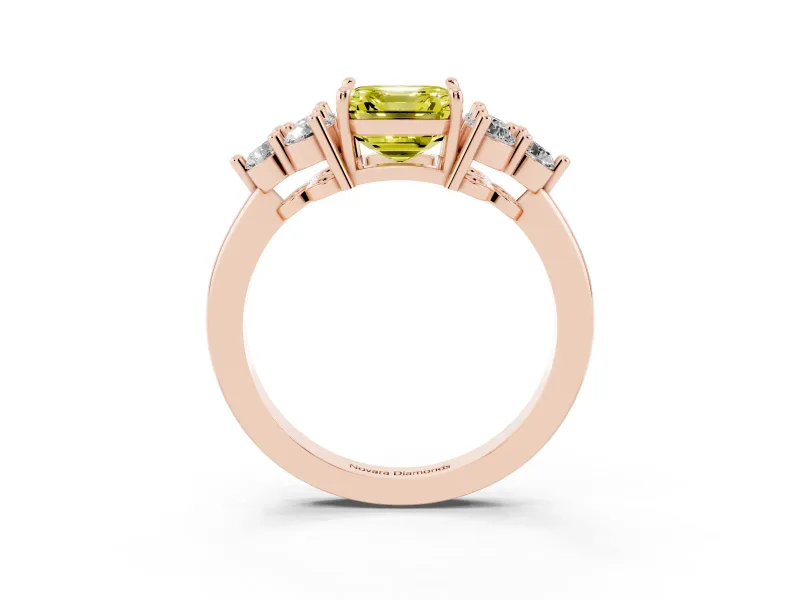 Fancy Yellow Asscher Cut Diamond Solitaire Ring Set in Rose gold with Cluster Accents on Each Side
