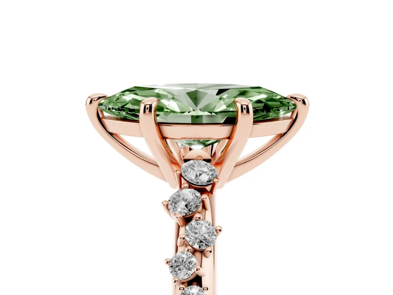 Fancy Green Marquise Cut Diamond Solitaire Vine Band Ring Set in Rose gold with Round Accents and Prong Setting