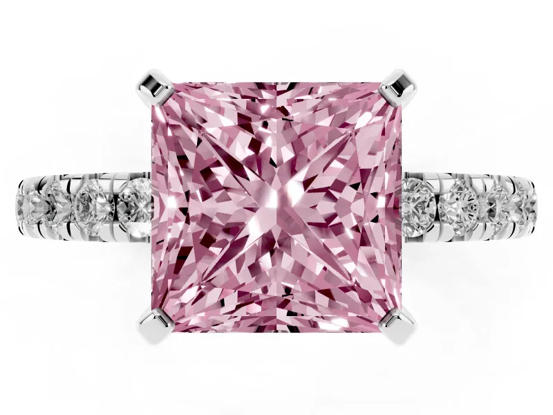 Fancy Pink Princess Cut Diamond Pavé Solitaire Ring Set in Platinum with Round Band and Prong Setting