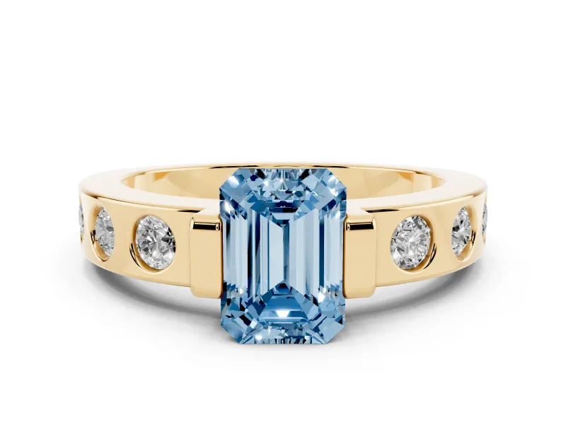 Fancy Blue Emerald Cut Diamond Channel-Set Band Ring Set in Yellow gold with Bezel Prong Setting