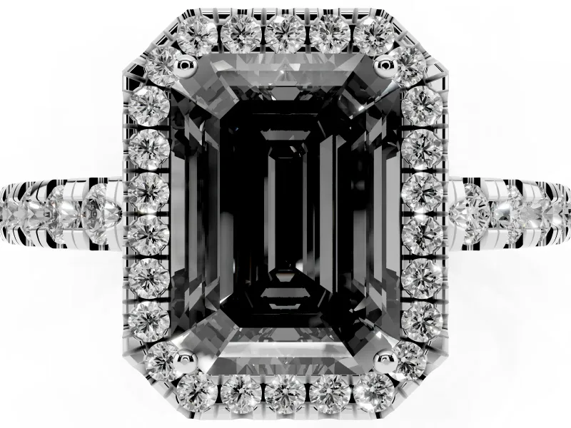 Fancy Black Emerald Cut Diamond Halo Ring Set in Platinum with Delicate Pavé Band and Prong Setting