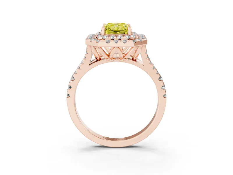 Radiant Cut Halo Split Shank Engagement Ring Setting for a Fancy Yellow Lab-Grown Diamond | Pavé Strands | Rose Gold