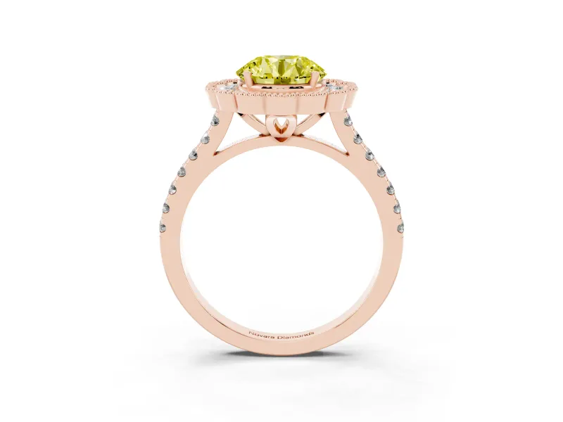 Fancy Yellow Round Cut Diamond Milgrain Floral Halo Engagement Ring Set in Rose gold with Pavé Band