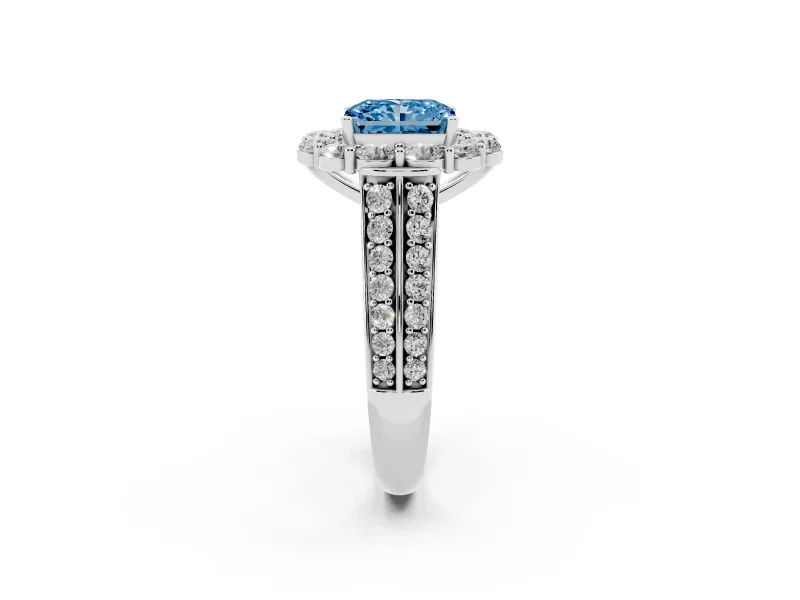 Fancy Blue Radiant Cut Diamond Halo Engagement Ring Set in White gold with Split Shank and Prong Setting