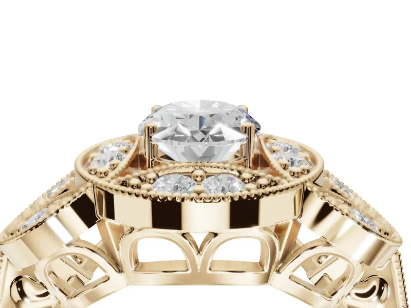 Heart-Shaped Vintage Floral Halo Engagement Ring Setting | Engraved Milgrain Band | Yellow Gold